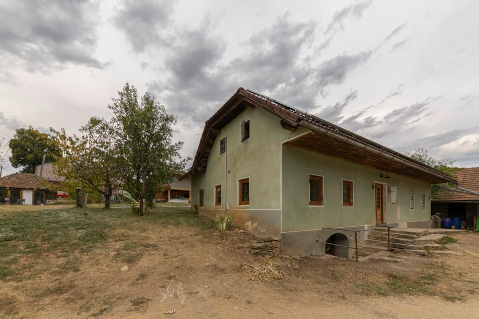 Hiša z dvoriščem in drevesi, pogled s strani